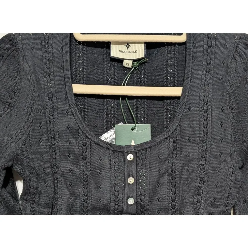 Tuckernuck Sweater Womens XS Black Open Knit Scoop Henley Puff Sleeve Top NWT